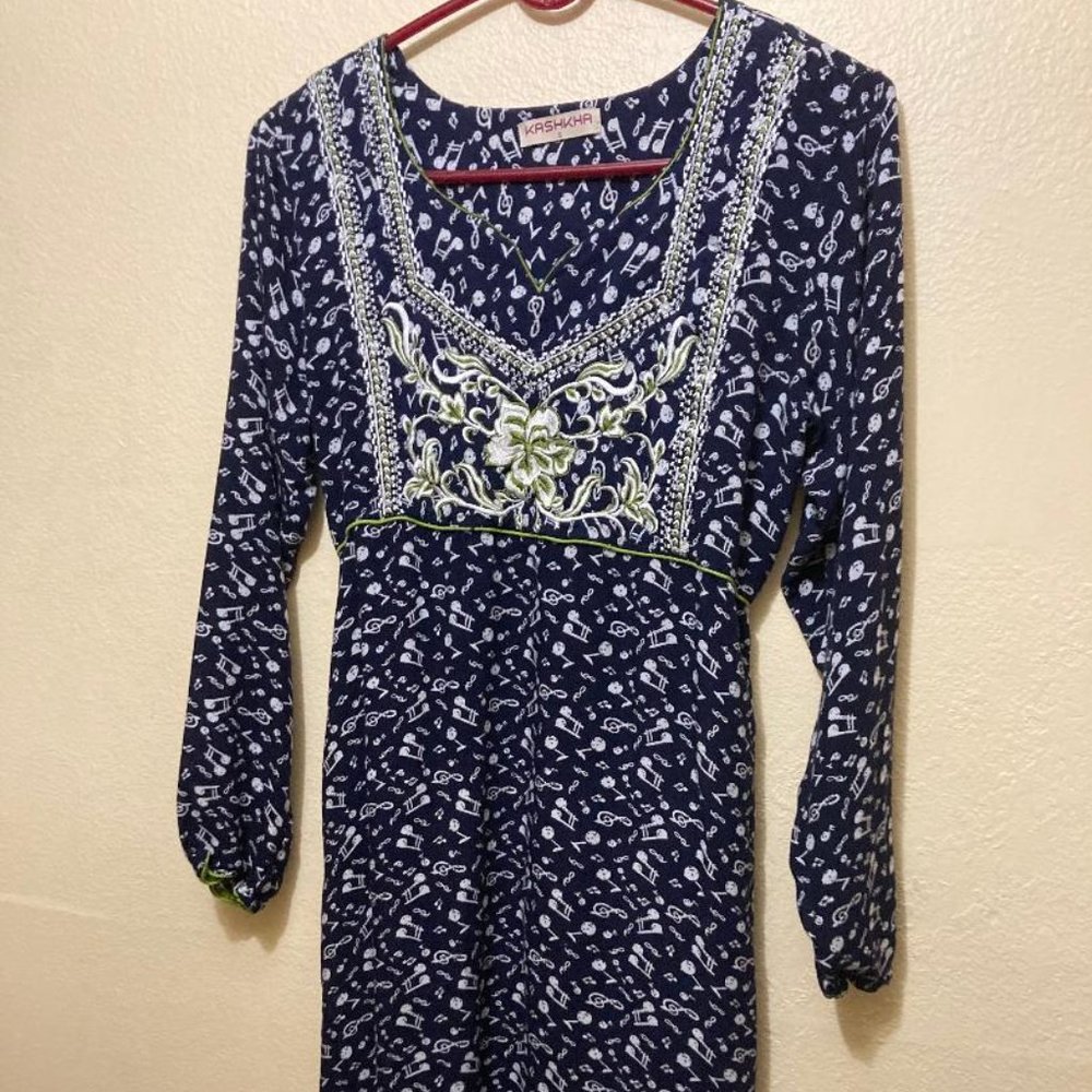 Kashkha Womens Dark Blue Music Note Pattern Embroidered Long Sleeve Maxi Dress S